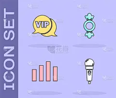 设置麦克风，语音气泡Vip，音乐均衡器和糖果图标。向量