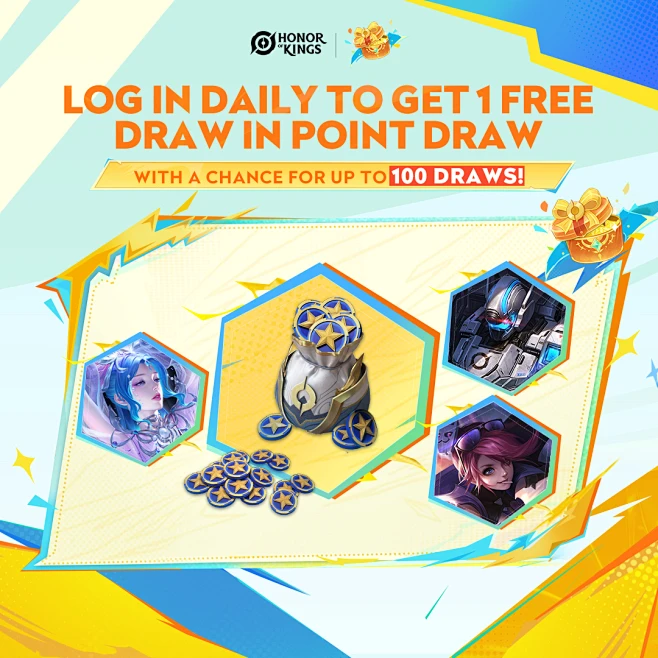 可能是包含下列内容的图形：上面的文字是“HONOR KINGS LOG IN DAILY TO GET 1 FREE DRAW IN ...