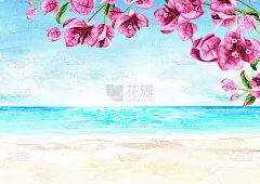 粉红色的九重葛花框架和大海与蓝天与复制空间。手绘水彩插图和背景
