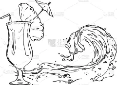 手绘水果鸡尾酒在一个高脚杯和一把伞。在海浪飞溅的背景下