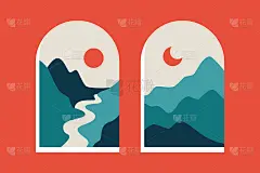 抽象山景版画。当代海报与窗口的观点，波西米亚自然设计。矢量图