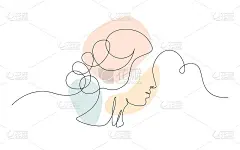 连续的一行画一个女人的脸。水平优雅的极简主义女性肖像与抽象蜡笔形状的标志，徽章或网络横幅。矢量图
