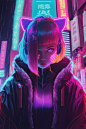 General 1024x1536 AI art digital art women neon short hair cat ears looking at viewer jacket city cyberpunk vertical cat girl city lights headphones rain