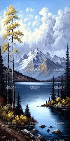 风景油画  - 源文件下载【酷图网】油画,风景,森林,山水,油画风景,雪山,树木,湖泊,高清壁纸,手机壁纸,
