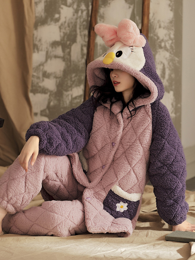 睡衣女秋冬季加厚加绒珊瑚绒夹棉家居服女士...