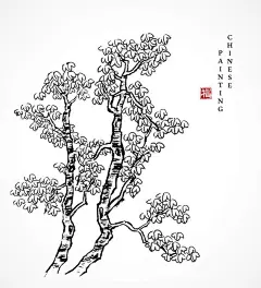 中国风白描梧桐树线条线稿插画矢量图素材