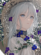 Anime 1536x2048 anime girls AI art flowers straw hat white hair gray eyes vertical flower in hair