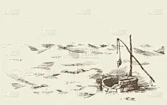 以色列游牧村的犹太喷泉池老洞.手绘手绘素描素描素描在复古艺术涂鸦风格的纸笔上.白天风景与文字空间