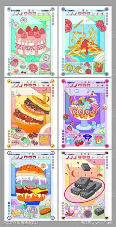 孟菲斯风美食系列海报_源文件下载_PSD格式_1458X2842像素-西红柿,瑞士卷,草莓,大蒜,臭豆腐,汉堡,冰淇淋,肉夹馍,番茄酱,竖条,蛋糕,美食,孟菲斯,海报-作品编号:2024111910077799-志设-zs9.com