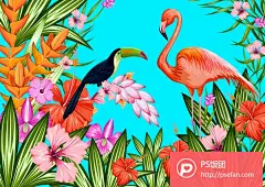 热带植物棕榈叶火烈鸟鹦鹉图案海报背景矢量  - PS饭团网