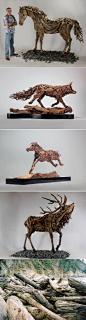 『漂流木艺术家』http://t.cn/zOB6Fhj James Doran Webb是一位英国艺术家，他用世界各地收集来的漂流木（ driftwood）制作雕塑作品。