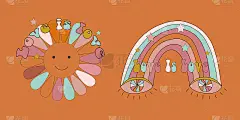 复古60 - 70年代风格与彩虹嬉皮太阳在一个简单的线性风格。天真的波西米亚风格的手，节日的色彩和音
