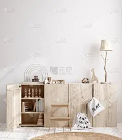 舒适的育婴室背景中的空白墙壁，斯堪的纳维亚风格，3D渲染