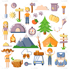 夏天,动画片,平坦的,儿童,大篝火,运动,汽车,设备用品,露营,布置