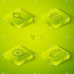 设置等距烟花，宫，寿司和中国纸灯笼图标。向量