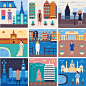 Fashion Capitals : Illustrations of nine cities around the world, each featuring clothing made by a fashion designer identified with that city.