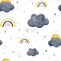 可爱的无缝图案与太阳，云彩和彩虹在水的颜色隔离的白色背景。手绘斯堪的纳维亚风格矢量插图.