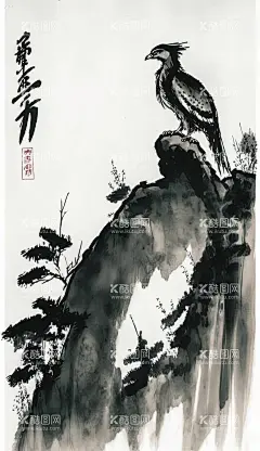 国画山鹰图  - 源文件下载【酷图网】国画,奇石,山崖,山鹰,老鹰,水墨画,苍松,鹰,鸟,中国风,高清壁纸,手机壁纸,PNG,