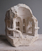 matthew simmonds carves miniature architectural sculptures from solid stone + marble