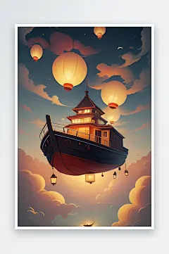 天空云彩绘画灯笼悬浮数字绘画艺术-众图网
