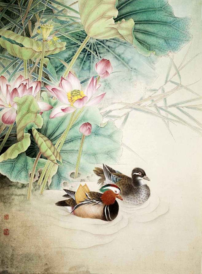 鸳鸯戏水国画