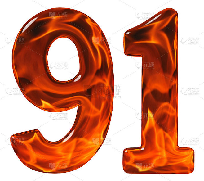 91, 91，数字，仿玻璃和熊熊的火焰