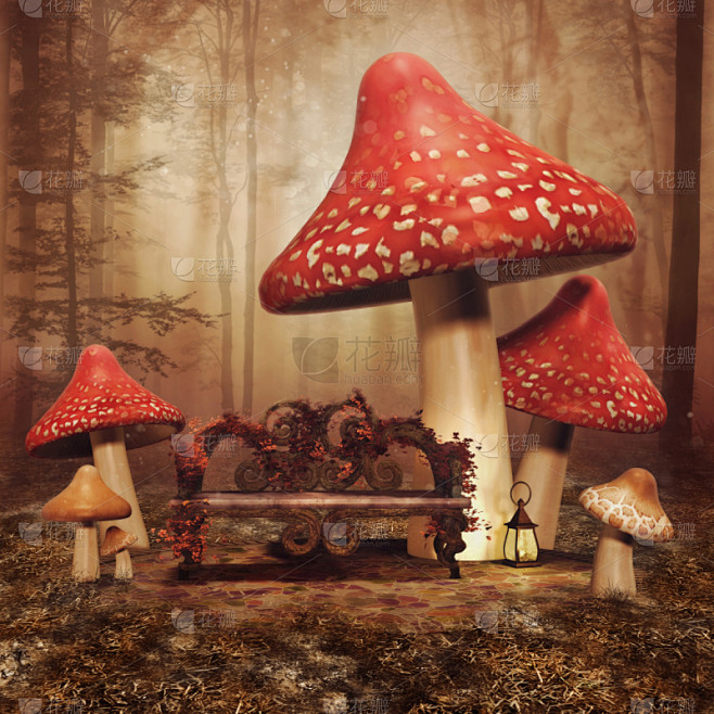 蘑菇,长椅,多色的,童话故事,幻想,常春...