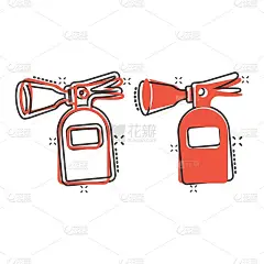 漫画风格的灭火器图标。消防卡通矢量插图在白色孤立的背景。应急飞溅效应经营理念。