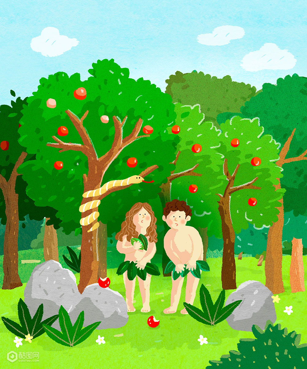 偷吃禁果亚当夏娃蛇果树草地石头圣经故事插画-插画-插画图形素材-酷图网
