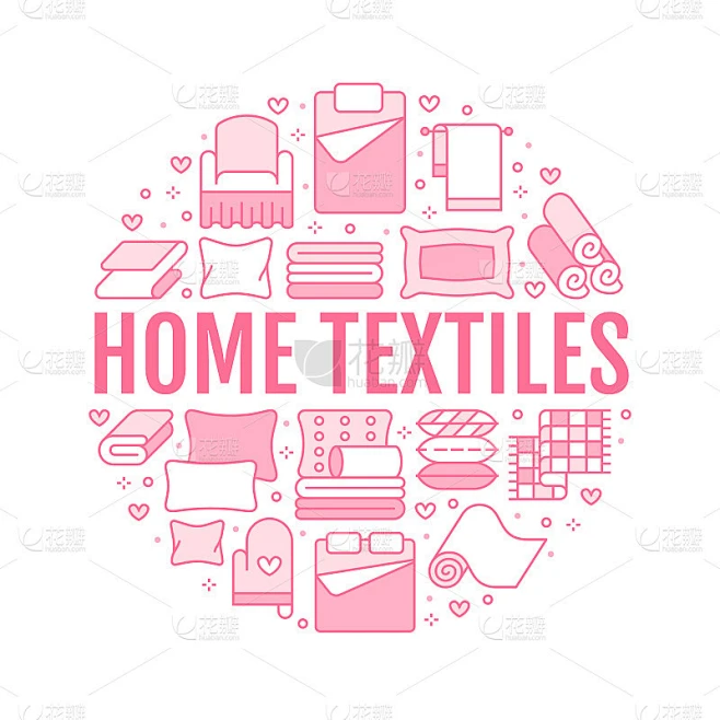 家用纺织品圆模板与平线图标。床上用品，卧室亚麻布，枕头，床单，毯子和羽绒被插图。粉白色薄标志的室内商素材-花瓣网