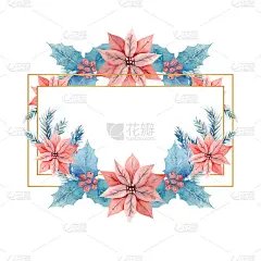 冬季水彩画在一个矩形水平框架与冬青，浆果和一品红花。手绘插图。用于请柬、贺卡、印刷品、海报、广告