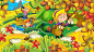 卡通秋天的自然背景与女孩收集蘑菇在森林附近的山