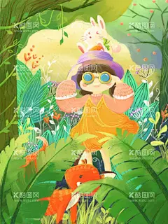 春暖花开女孩旅游小清新  - 源文件下载【酷图网】春天,旅游,树林,从林,女孩,小清新,插画,水彩风,