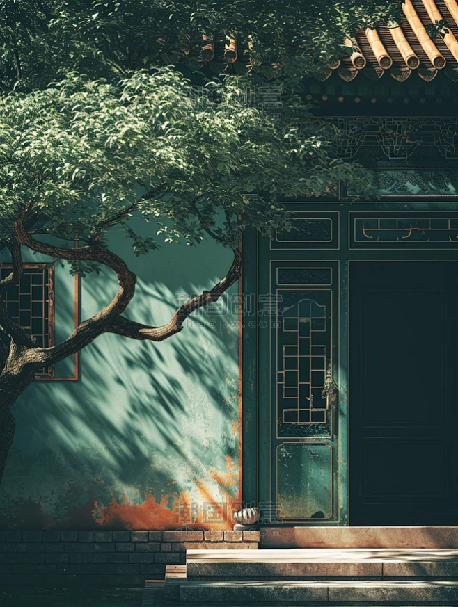 创意中国风古典建筑风景中式意境庭院插画3-花瓣网