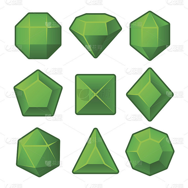 三消游戏中的绿色宝石。向量