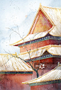 中国古风故宫水墨水彩风景插画 冬天雪景图片素材