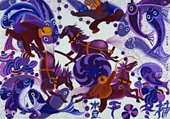 【赴联合国总部大展的中国农民画作品欣赏】—— 《查干冬捕》，于海群，1988年出生，女，从事农民画创作多年。中国北方的天气比较寒冷，到了冬季湖面结冰，此画面表现了冬天冰封湖面后，人们冰上捕鱼的热闹场面。