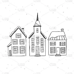 房屋矢量插图。手绘冬季镇剪贴画