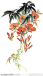 中国国画之花类植物-青竹与红色花卉