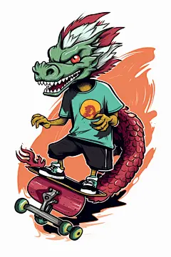 AI数字艺术潮流卡通龙年滑板形象插画-众图网