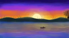 手绘唯美风景插画夕阳西下