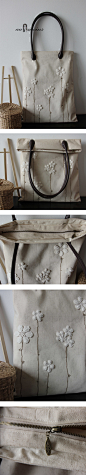 原创设计 手工缝制 蕾丝花朵 清新 棉麻布包包
