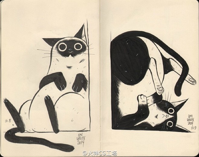 画师Emi Lenox在速写本上以自家猫...