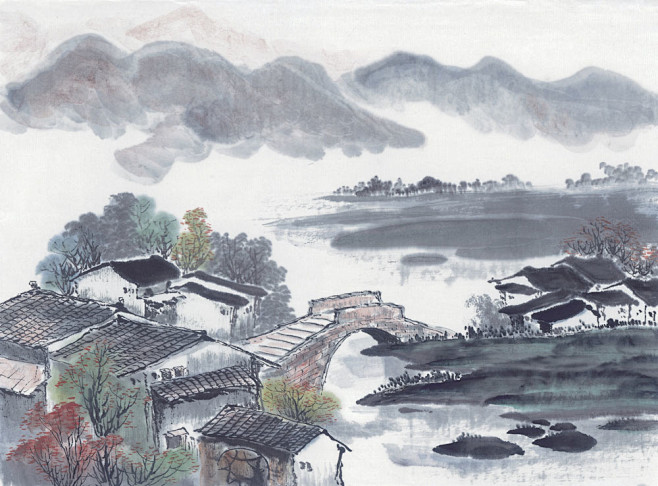 国画山水山里小镇