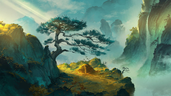 雾山五行水墨风景桌面壁纸