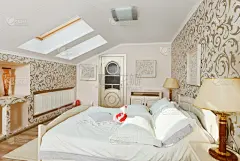 现代,art deco风格,复式楼,室内,卧室,照明设备,华贵,壁纸,床,古典式