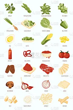 手工绘制的古色古香的海报,按颜色排序的烹调配料或食品杂货.三明治色拉面的调味元素和配料的配方设计.食