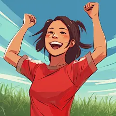 (3/4) 一个穿着红色衬衫的女孩正在微笑，手臂向上抬起，以以动漫艺术、公主核心、tsubasa nakai、景观风景画和社会评论的风格，和UHD图像的插图风格(AI绘图来自WeDraw.art)