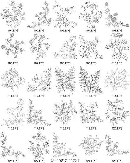 【235个中式白描花卉】植物，花朵，花纹...