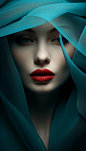 Amaranth and Aquamarine: Photo of a captivating woman with amaranth lips and aquamarine eyes, minimal